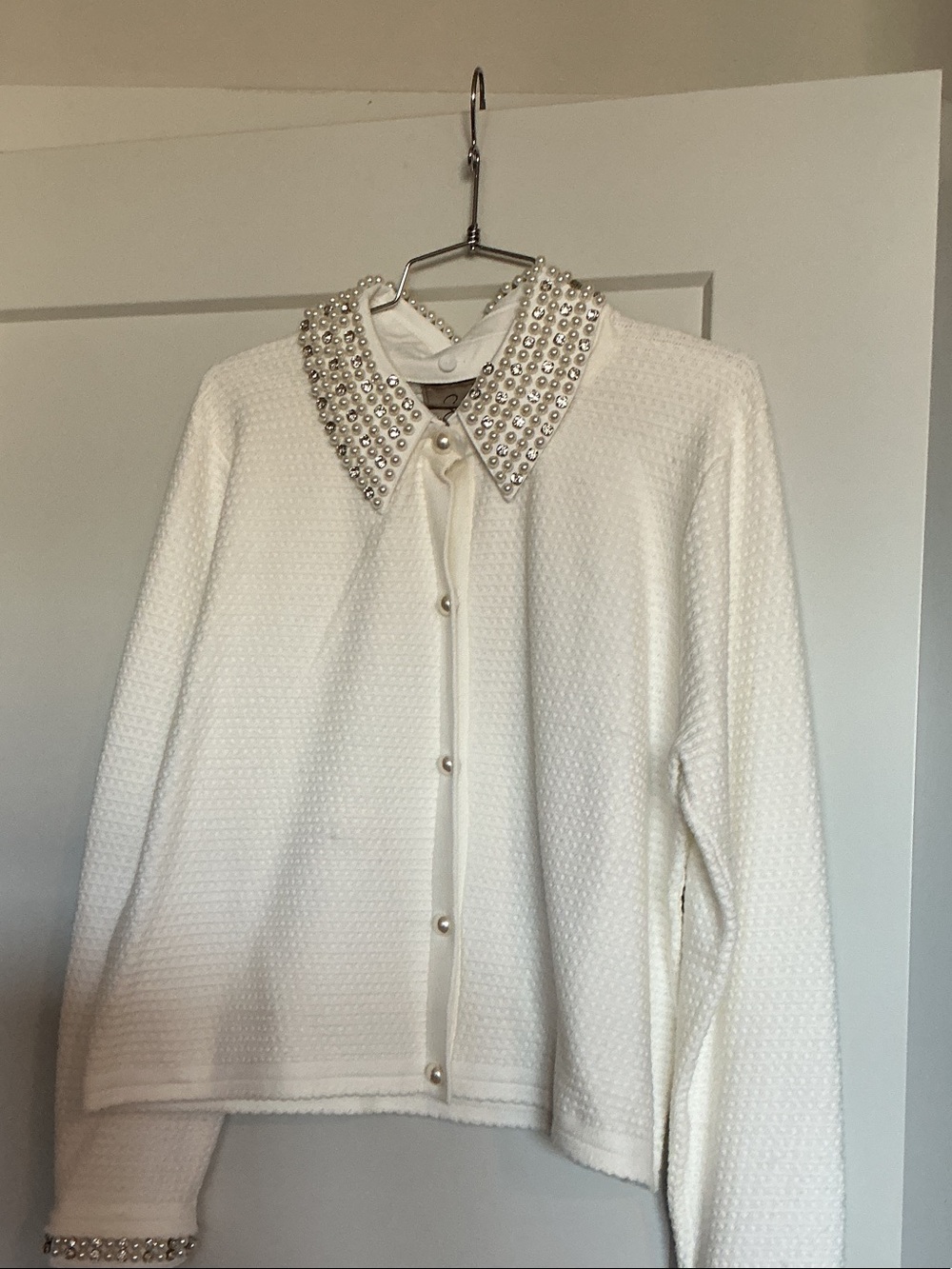 Sioni White Pearl-Embellished Collar Cardigan